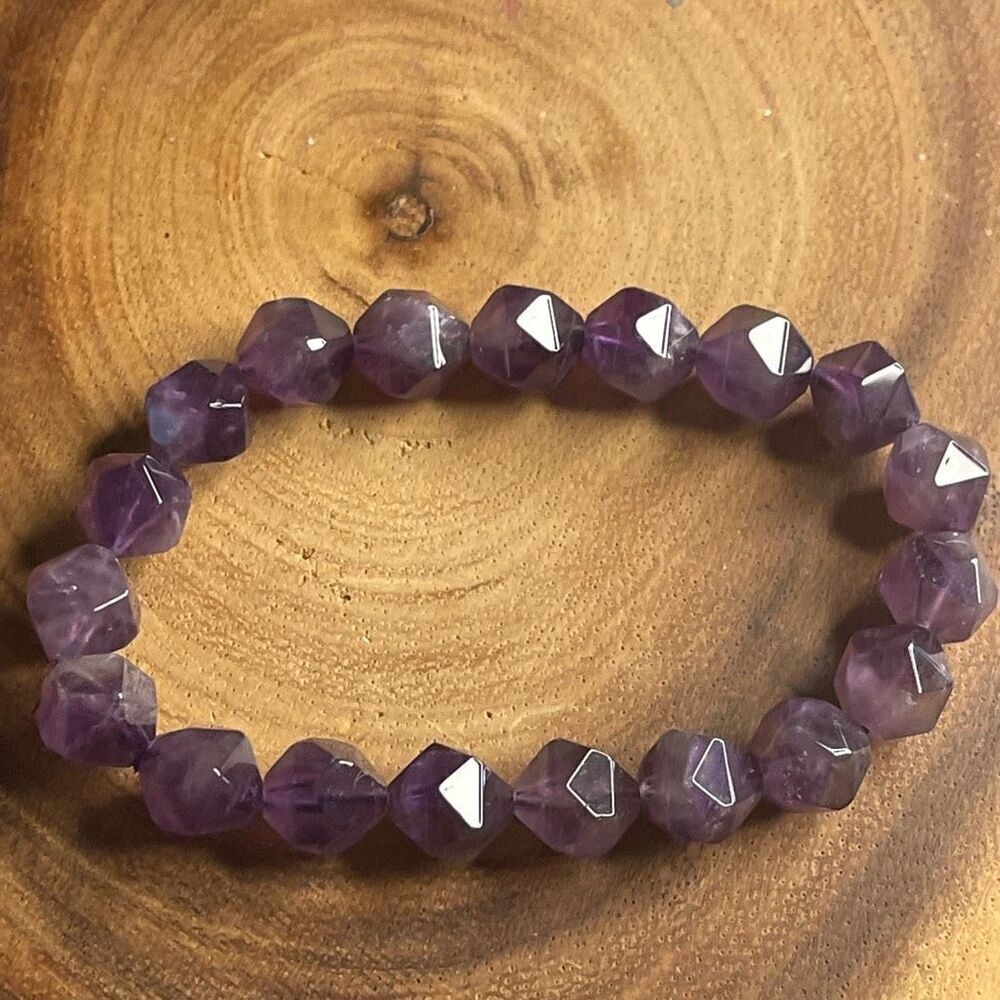 Amethyst purple diamond stretch beaded bracelet 7” crystal healing beads 8mm ONE - Picture 4 of 8